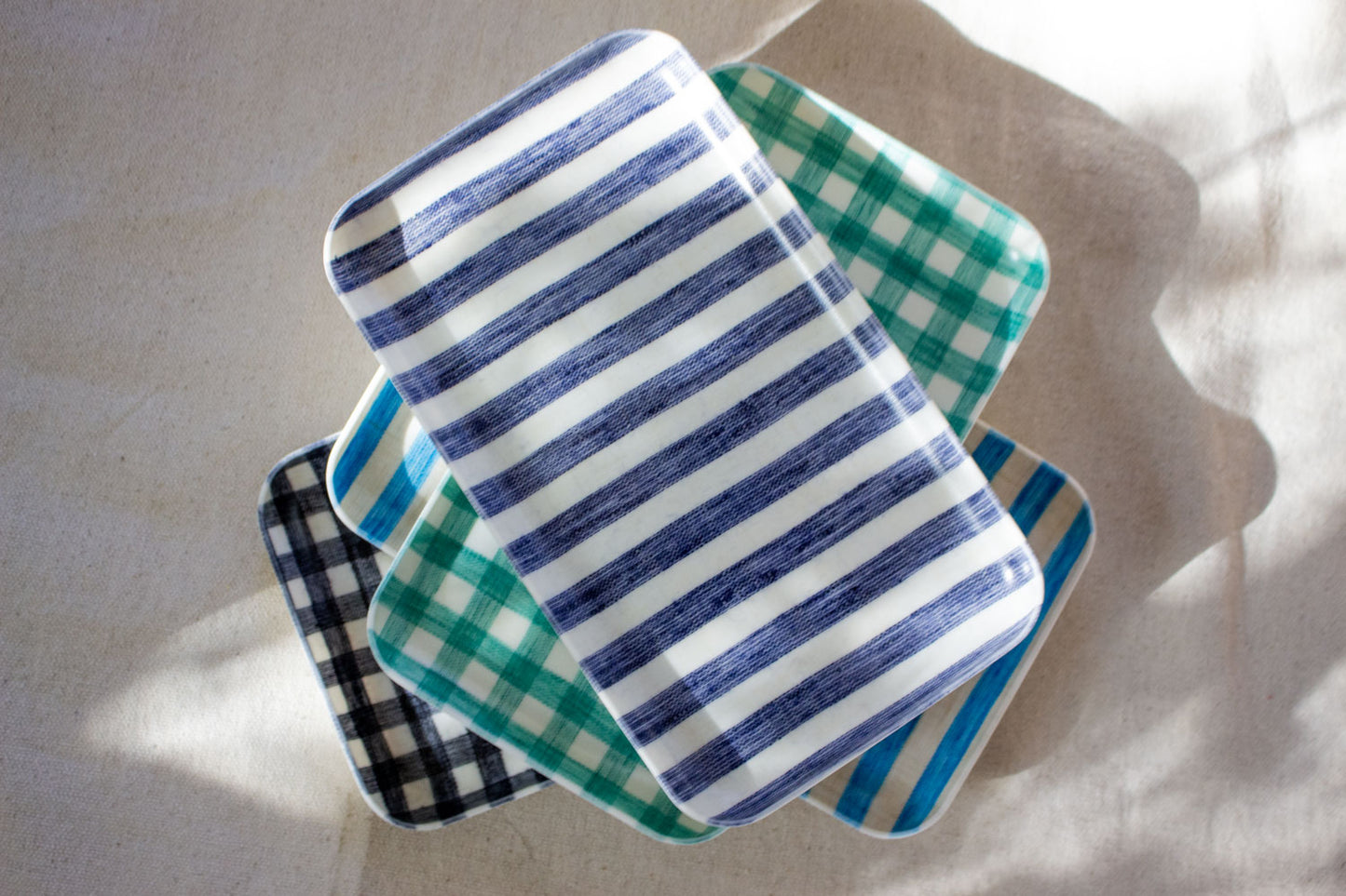 Fog Linen Work, Linen Coated Tray - Blue White Stripe