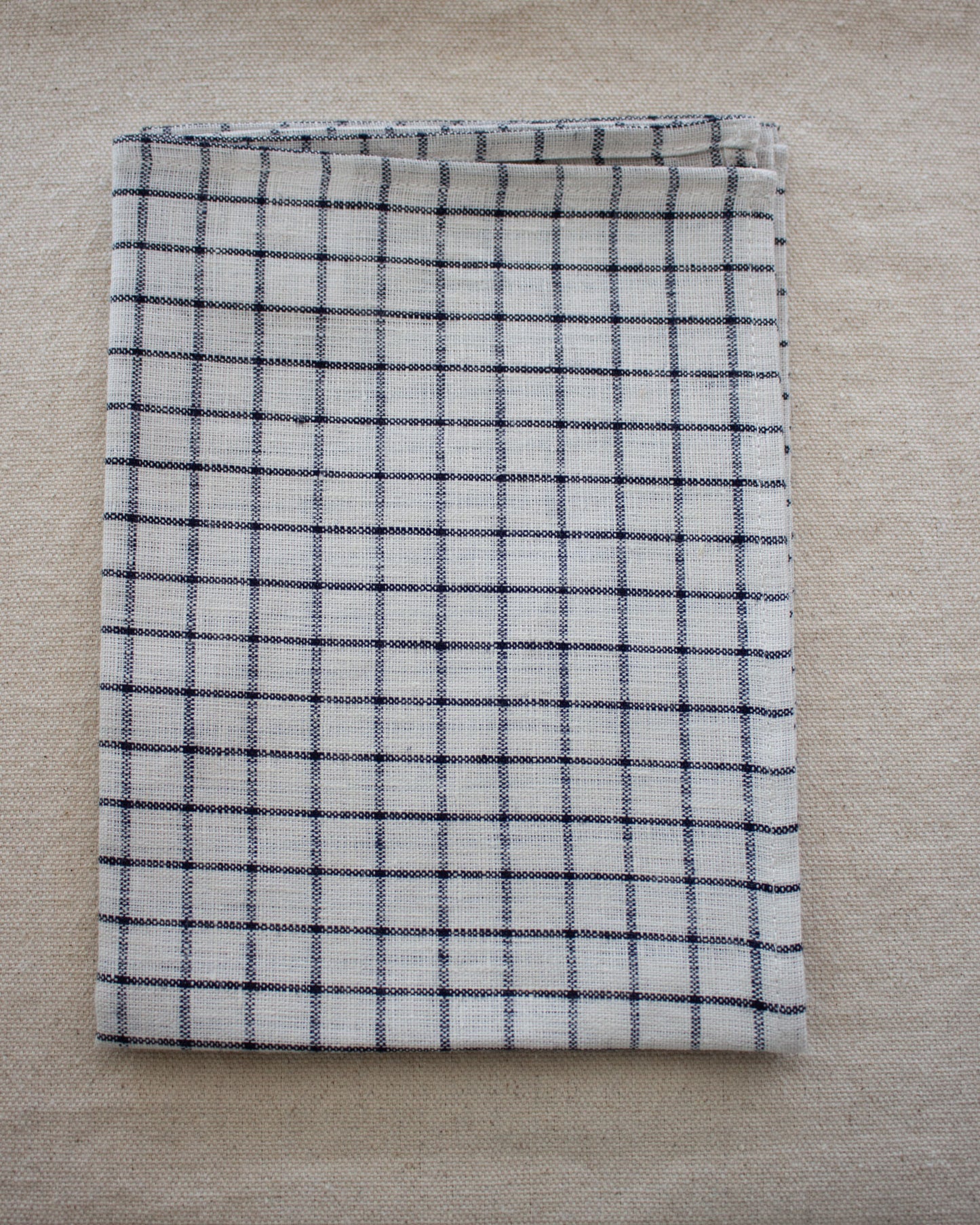 Fog Linen Work, Linen Kitchen Tea Towel - Ivory with Navy Plaid
