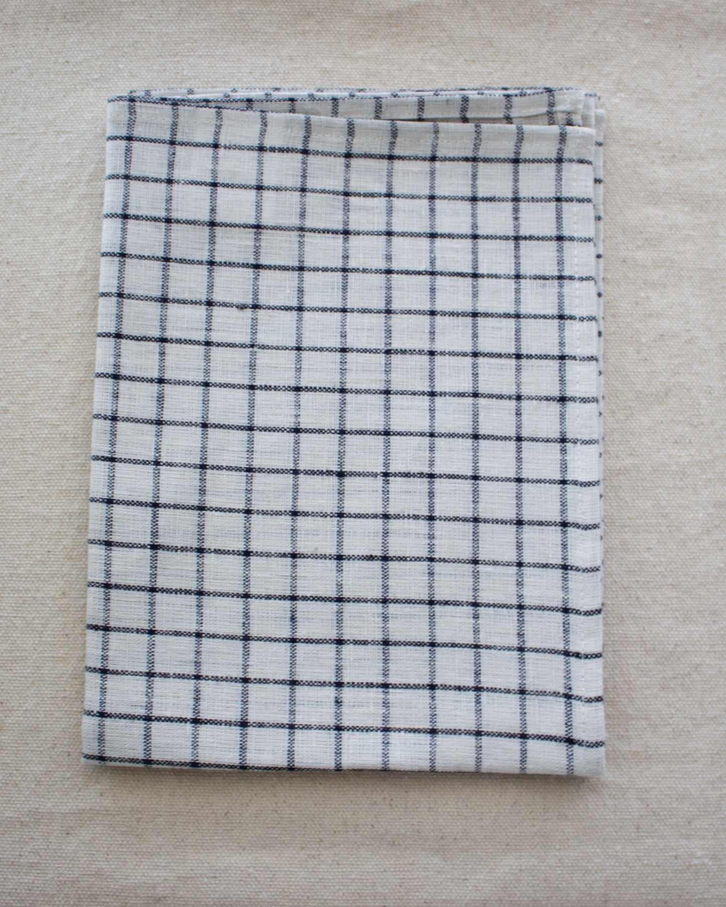 Fog Linen Work, Linen Kitchen Tea Towel - Ivory with Navy Plaid