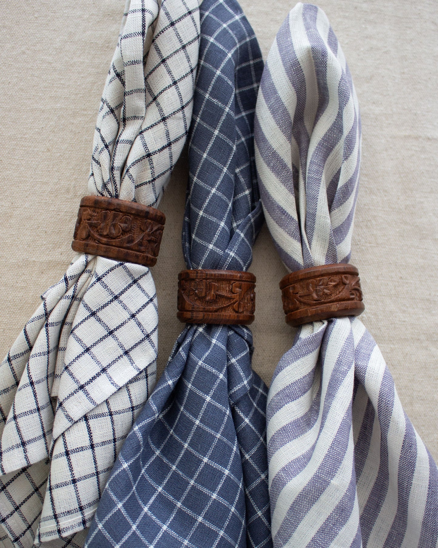 Fog Linen Work, Linen Kitchen Tea Towel - Ivory with Navy Plaid