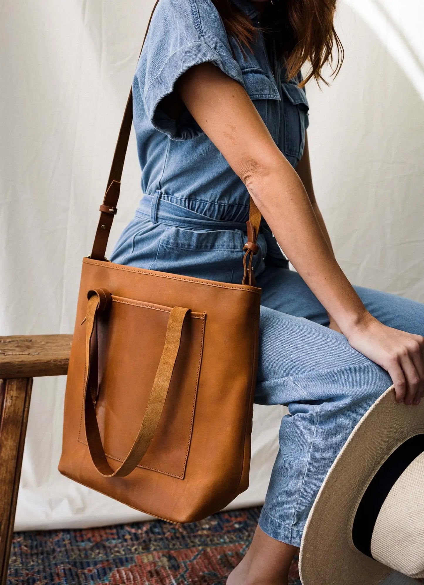 Long Leather Tote Bag - Tan