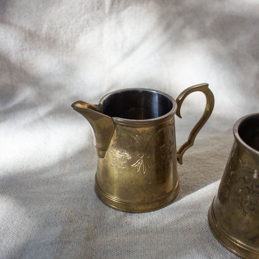 Vintage Etched Brass Sugar and Creamer Set