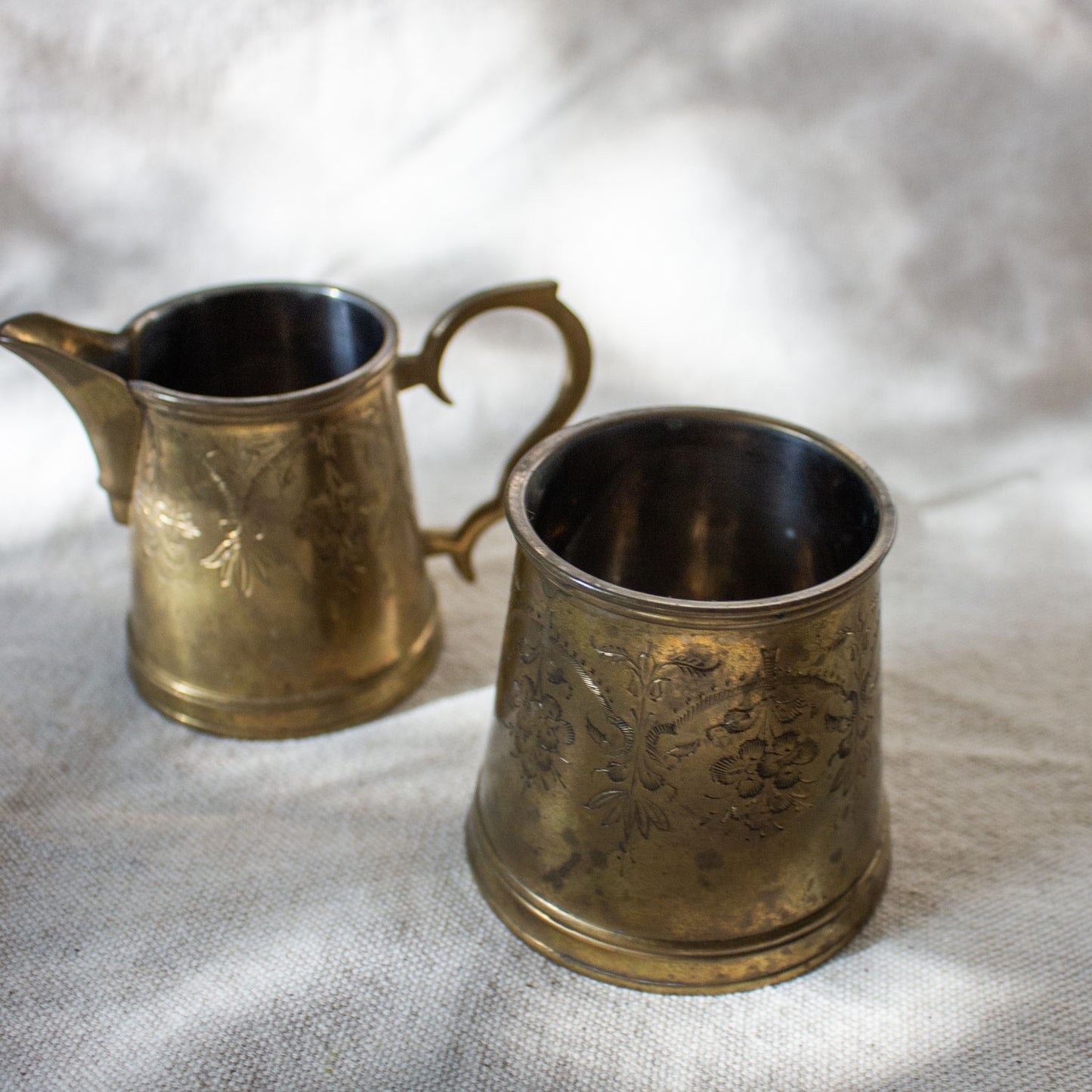 Vintage Etched Brass Sugar and Creamer Set