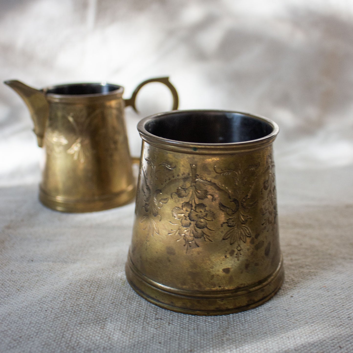 Vintage Etched Brass Sugar and Creamer Set