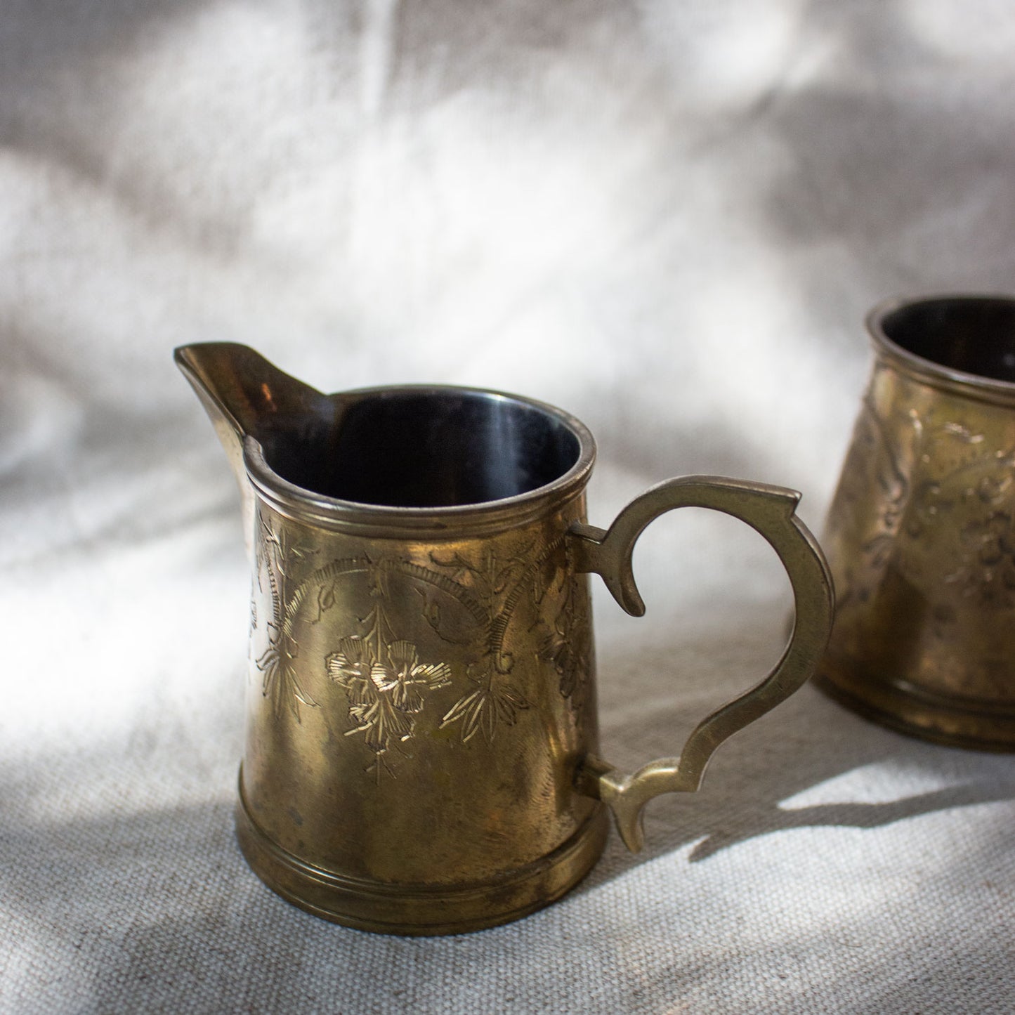 Vintage Etched Brass Sugar and Creamer Set