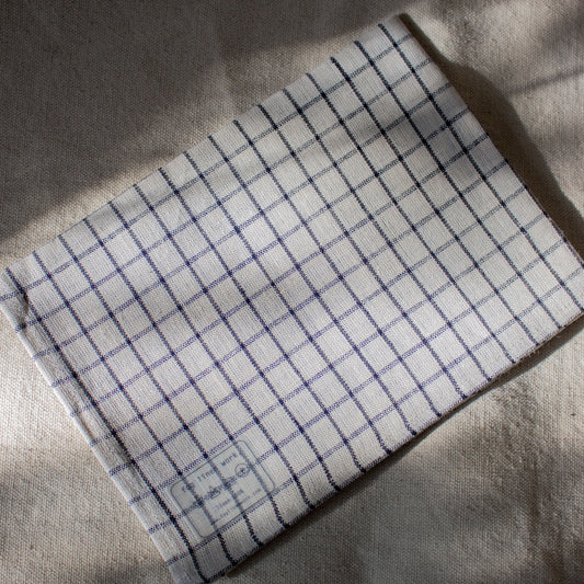 Fog Linen Work, Linen Kitchen Tea Towel  - Ivory with Navy Plaid