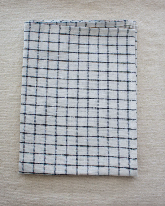 Fog Linen Work, Linen Kitchen Tea Towel  - Ivory with Navy Plaid