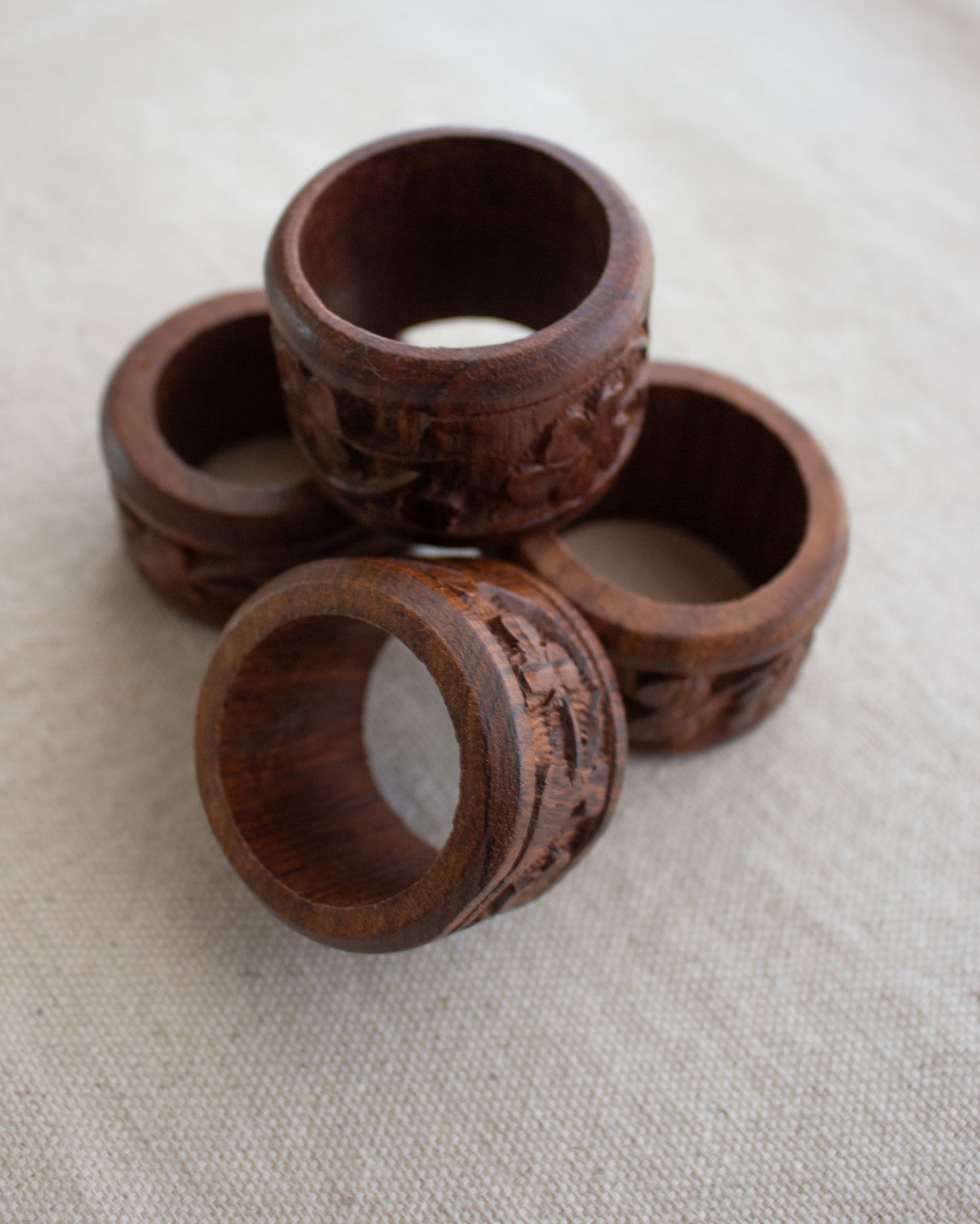 Vintage Carved Wood Napkin Ring - Set of 4