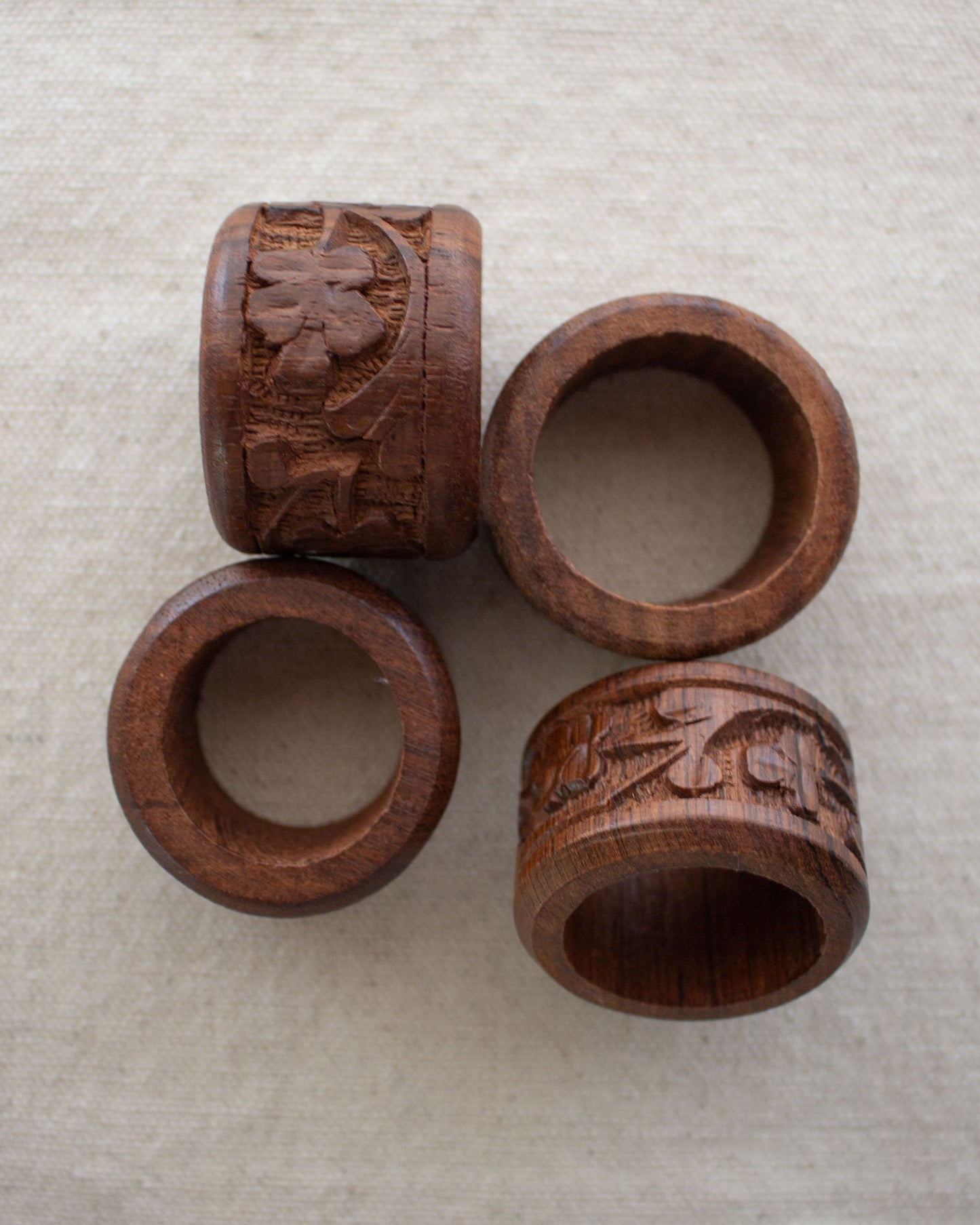 Vintage Carved Wood Napkin Ring - Set of 4