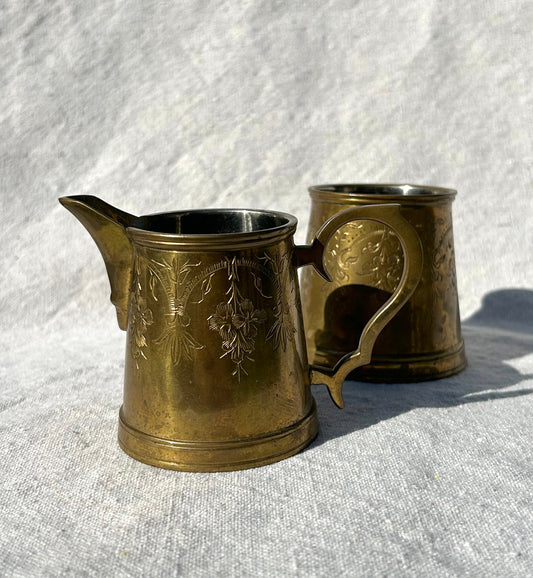 Vintage Etched Brass Sugar and Creamer Set