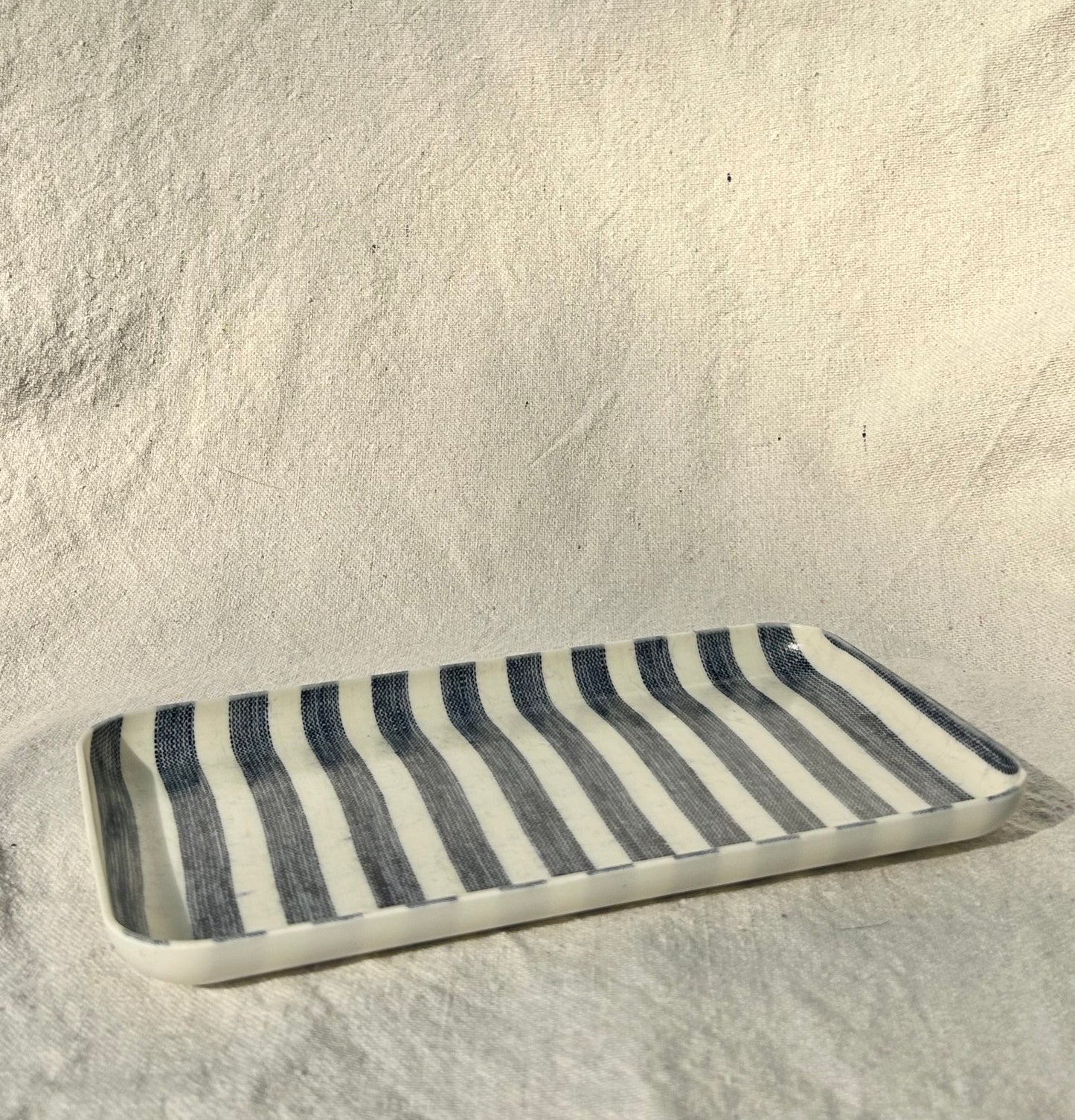 Fog Linen Work,  Linen Coated Tray - Blue White Stripe