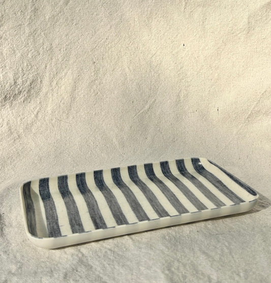 Fog Linen Work,  Linen Coated Tray - Blue White Stripe