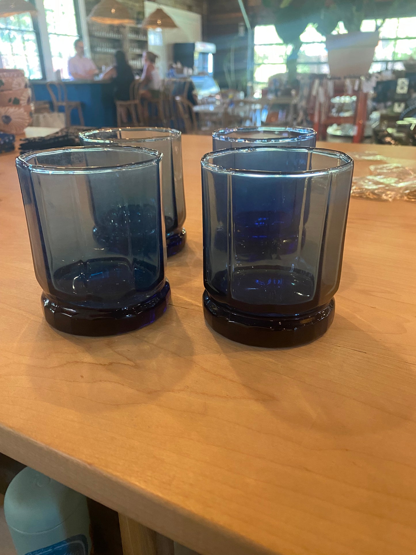 Blue Beveled Low Ball Glasses, Set of 4