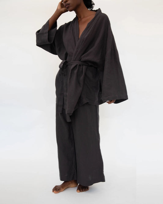 Linen Kimono Sleep Set - Charcoal