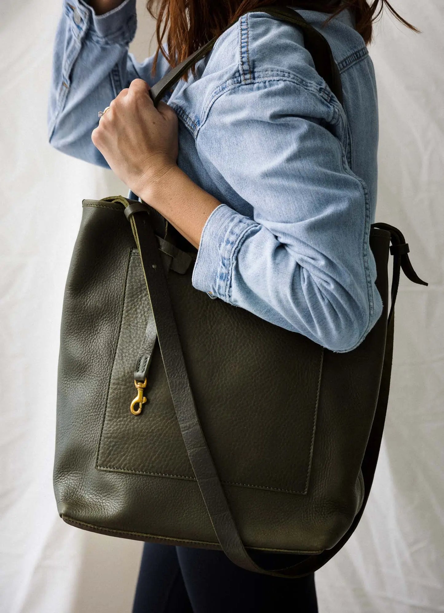 Long Leather Tote Bag - Olive