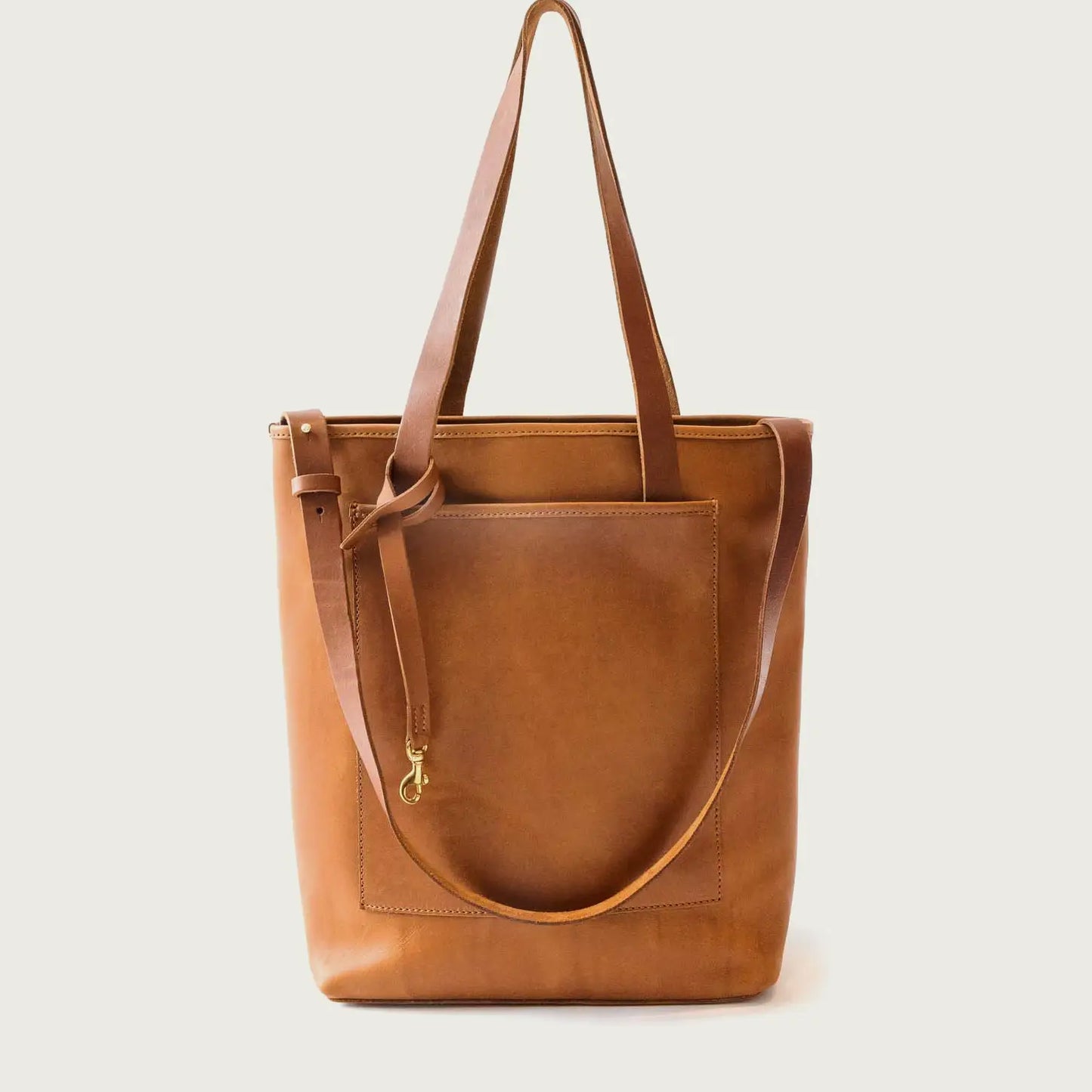 Long Leather Tote Bag - Tan